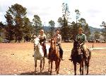 Jan Neal on Bruven Champ (centre) with Judith Perkins (left) and Alison Guy (right), Burra 1982